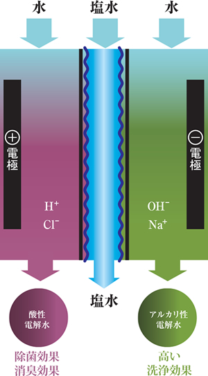 電解水の生成に必要なのは、「水」と「塩」と「電気」だけ。